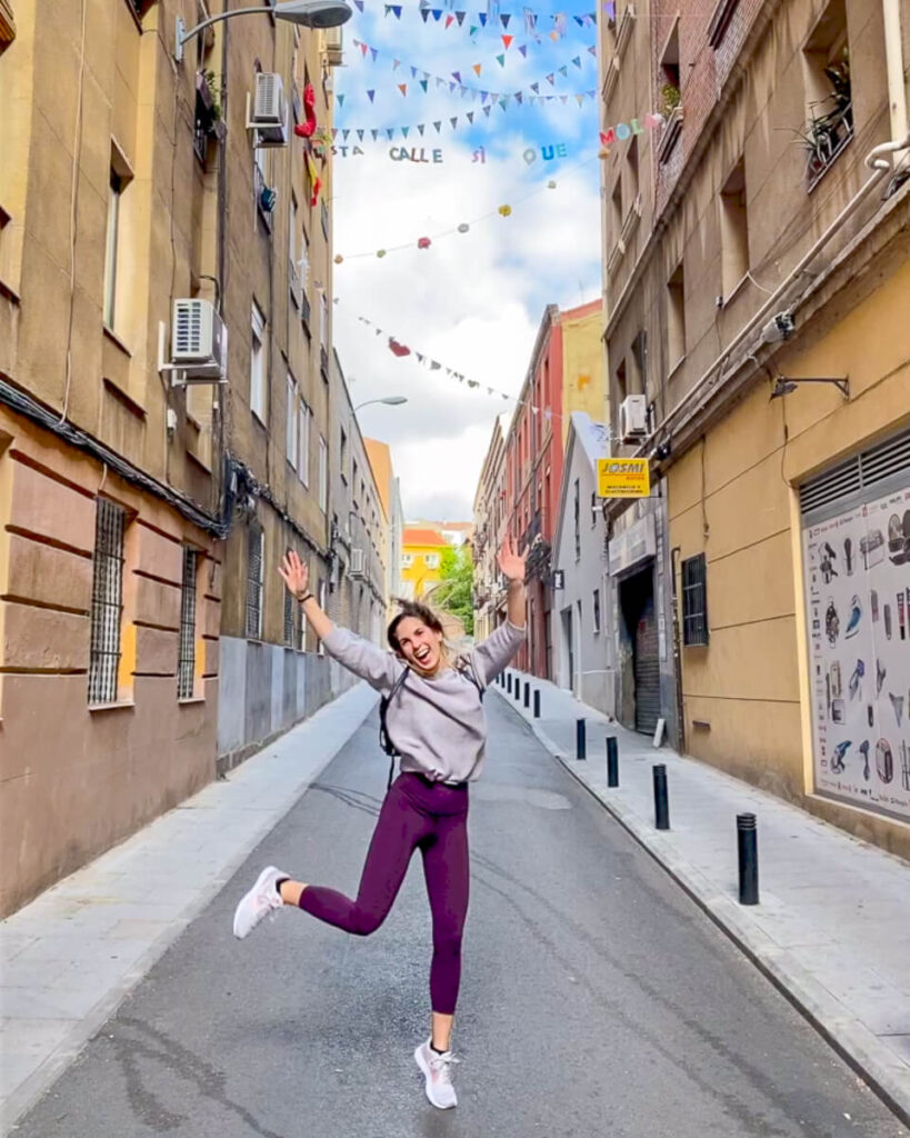 Lauren jumping in Madrid, after moving back to pursue her freedom lifestyle.